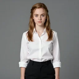 high school yearbook photo of katniss everdeen, wearing a white shirt and black trousers, 2 0 0 9