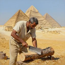 painting of a man cutting wood in front of egypt pyramids, by greg rutowski, realistic painting, insanely detailed