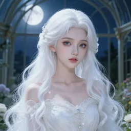 most beautiful girl, white hair, elegant, anime, fantasy, divine, highly detailed, princess, perfect face, greenhouse, moonlight, artstation, magical, lovely, pure beauty, intricate, 4 k, art by studio bind and kyoto animation and wit studio and hyeyoung kim