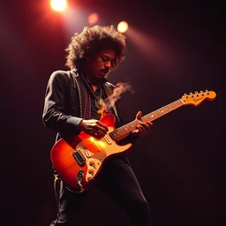 jimi hendrix burning a stratocaster on the stage, cinematic composition and lighting