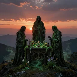 highly detailed three robed figures around an altar with flowers and plants, green spilling, on a mountain overlooking the vast and beautiful sunset, swirling magic dust, hyper ultra realistic, octane render, eerie, dark, cinematic, hypermaximalistic, style by greg rutkowski, rule of thirds, golden ratio, ambient lighting, wlop, artgerm, masterpiece, dark fantasy art