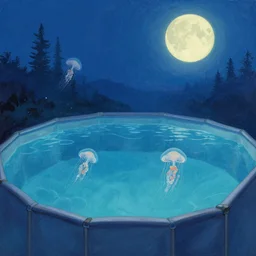 underwater above ground pool looking at built - in pool with moon jellies floating, greg rutkowski, painted by hokusai