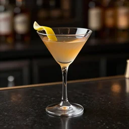 an immaculate 3 d rendering of a traditional craft whiskey cocktail with lemon twist garnish in a martini glass. black shiny glass countertop. modernist cuisine.