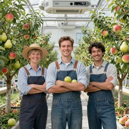 portrait of symmetrical friendly farmers, with detailed realistic smiling faces, harvesting an orchard inside a space-station, with apple, pear, and peach trees, surrounded by advanced elegant factory machinery, outer space and stars visible through the glass  roof, biomechanical, golden ratio, elegant, visionary, streamlined, elite, lush, atmospheric, volumetric lighting, haunting, wide angle, cinematic, trending on cgsociety, 8k, vivid and vibrant