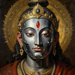 potrait of hindu god with high tech face armour painting by craig mullins, j. c. leyendecker, lights, art by ernst haeckel, john william godward, hammershøi