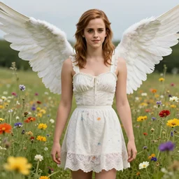 a masterpiece hyperrealistic ultradetailed fullbody photograph of a lifelike real emma watson in summer dress, surrounded by wildflowers, gorgeous angel, vibrant lgbt hairs, rough skin texture, photoreal image, in the style of wlop, photoreal, overrendered, blender, unreal engine, extremely detailed, trending on artstation, sharp focus, 4 k,