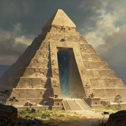 mystical landscape, digital painting, ancient civilization, illustration, artstation, highly detailed, cinematic lighting, sharp focus, cgsociety, art by greg rutkowski, concept art, mysterious portal gateway pyramid
