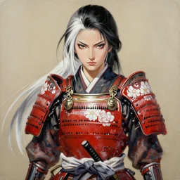 painting by krenz cushart!!, full body of a samurai woman with sidecut white streaks and black and white gradient hair and red and white flowery armor, stern look, finely detailed features, intricate brush strokes, beautiful lighting, trending on pixiv fanbox.
