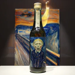 a bottle on display filled with the painting scream by edward munch, dark background