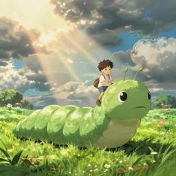 a boy rides an enormous earthworm through a verdant landscape, studio ghibli