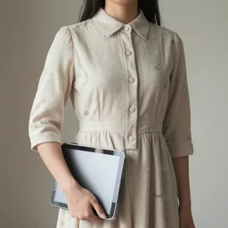 a photo of a 2 1 st century jugendstil dress worn by a woman with ipad
