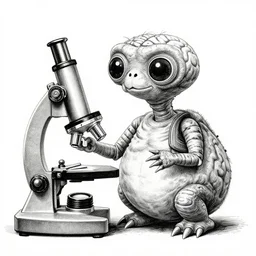 a black and white ink pen illustration of e. t. the extraterrestrial ( 1 9 8 2 ) using a microscope and holding a small brain in in his hand, highly detailed