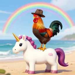 A rooster wearing a fedora, standing on top of a unicorn at the beach, with rainbow in the sky