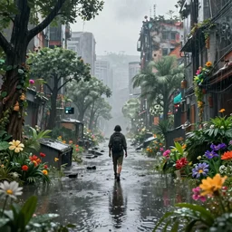 kaine walking in post apocalyptic flooded city, city ruins rainy melancholy day, lots of trees, dense vegetation, unreal engine, high octane, epic engine, volumetric lighting, ray tracing, rtx on, exposure, god rays, overcast, ambient lighting, blooming flowers, 3 d render, cinematic, subtle, vibrant colors, photo, ultra realistic, hyper realistic, extreme detail, bleeding edge graphics, 4 k, 8 k, hdr,
