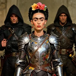 portrait of a skinny punk frida kahlo wearing armor by simon bisley, john blance, frank frazetta, fantasy, thief warrior, floral flowers colorful