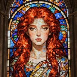 redhead woman stained glass portrait in glorious cathedral temple, magnificent long hair, beautiful ginger female, symmetrical face, beautiful eyes, fine art, art nouveau masterpiece, art deco, semi realistic anime, museum quality work, cel shaded, art style of John Collier, Moebius, Studio Ghibli, cinematic, widescreen, 4K