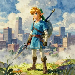 zelda's link in modern day minneapolis background, fantasy, watercolor