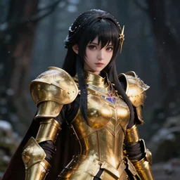 portrait focus of beautiful darkness knight 3D anime girl, golden armor wearing, dark forest background, snowing, bokeh, inspired by Masami Kurumada, digital painting, high contrast, unreal engine render, volumetric lighting, high détail