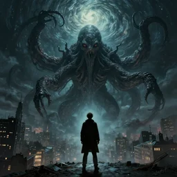 man is seeing old god eldritch horror cthulhu terrifying the night sky of a city, epic scene, hyper - detailed, gigantic cthulhu, realistic dark - art painted by van gogh