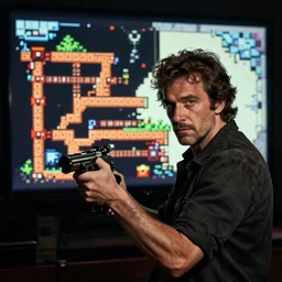 javier bardem gameplay still frame, pixel art, retro, splash screen, level design, high contrast, background, deep focus, highly detailed, dramatic lighting, digital painting, artstation, concept art, matte, greg rutkowski, moebius, illustration.