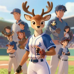 beautiful portrait of a female anthropomorphic deer fursona baseball player. character design by disney, charlie bowater, ross tran, artgerm, and makoto shinkai, detailed, soft lighting, rendered in octane