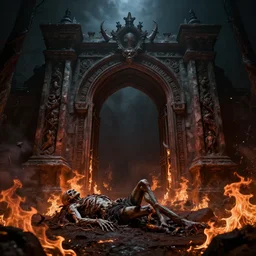 dark old picture of a realistic gateway to hell, there is a corpse on the flor and flames everywhere