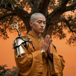 hyperrealistic hyper detailed rococo 35mm portrait of handsome cyborg monk praying to a giant oak tree matte painting concept art key sage hannah yata very dramatic orange lighting low angle hd 8k sharp shallow depth of field