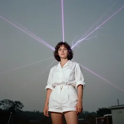 realistic photo portrait of a a scientist girl dressed in white shorts, at glowing laser beams in a grey sky, covered with electricity, 1 9 9 0, life magazine photo, natural colors, museum collection, kodak