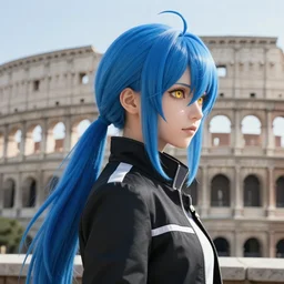 profile shot of rimuru tempest looking forward, sky blue hair, ponytail, pretty, long bangs, gold eyes, black jacket with white stripes and a high collar, highly detailed, unreal engine 5, roman city, concept art, cinematic, wlop | artgerm, pixiv, ilya kuvshinov, greg rutkowski, yoshitaka amano