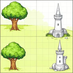 ground, tree, rock and wizard tower, on a lineart tileset