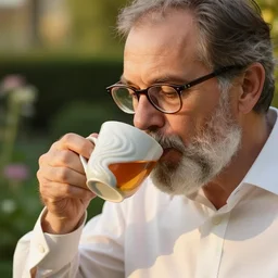 mr robert is drinking fresh tea in a garden from spiral mug, detailed face, wearing glasses, grey beard, golden hour, elegant shirt