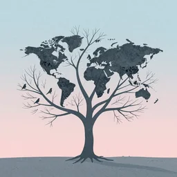 illustration of a a leafless tree with birds that form the continents on it, centered, blue and pink background, muted