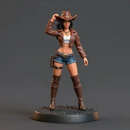 80mm resin detailed miniature of a cow girl, Short brown leather jacket, ten-gallon hat,  hot-pants, over-knee boots, navel, olive thigh skin, on textured disc base; Miniature product Introduction Photos, 4K, Full body