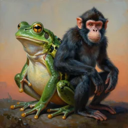painting of hybrid frog and monkey!!!!!!!!!!!!!!!!! fused together, intercrossed animal, by zdzislaw beksinski, by lewis jones, by mattias adolfsson, cold hue's, warm tone gradient background, concept art, digital painting
