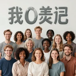 group portraits, groups of diverse happy humans imagining large beautiful images, text morphing into rotating objects, highly detailed, super realistic, large hall, perfect lighting pixel sorting