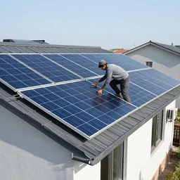 1 person installing solar panels on top of a residential building, photo realism