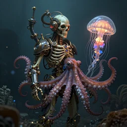 underwater photography of a steampunk human skeleton in symbiosis with an octopus and a jellyfish, intricate and ornate alien technology, bioluminescence, bloom, dim rim lighting, bokeh by victor grasso and scott musgrove, digital illustration, cg society