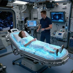 sleeping girl in suspended animation pod on a space station medical bay, glowing blue light, ralph horsley, daniel f. gerhartz, artgerm, boris villajo, lilia alvarado