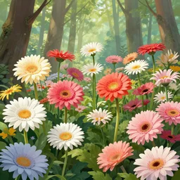 digital illustration of a forest of towering multi - colored gerber daisy megaflowers by dr. seuss, reimagined by ilm and beeple : 1 | megaflora, spectral color, electric color, rolling hills : 0. 9 | fantasy : 0. 9 | unreal engine, deviantart, artstation, hd, 8 k resolution : 0. 8