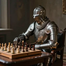 Photo, a knight of the old plate maille sitting on a chair and playing chess at a desk. A chessboard is placed on the desk.