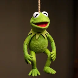 Kermit the frog real life puppet hanged with a rope from behind, realistic, DSLR photo, moody lighting, detailed