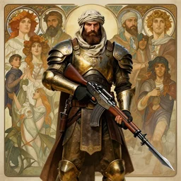 handsome, brown - bearded far - future resistance fighter wearing partial byzantine power armor and shemagh carrying slender laser rifle with bayonet by greg rutkowski, beksinski, alphonse mucha, deak ferrand, anato finnstark, and rembrandt