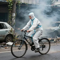 a photo of a female wearing a hazmat suit, riding a bike, side-view, smoke in the background, filthy streets, broken cars. Vines growing. Jpeg artifacts. Full-color photo. Color color color color color. Award-winning photo. Samyang/Rokinon Xeen 50mm T1.5