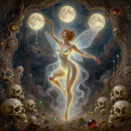 concept art of translucent glowing curvy buxom brown fairy dancing, renaissance, flowy, melting, round moons, rich clouds, very detailed, volumetric light, mist, fine art, textured oil over canvas, epic fantasy art, very colorful, ornate intricate scales, walls and floor of cave made of skulls, fractal gems, 8 k, hyper realistic