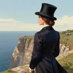 a woman wearing a man's top hat and silk tailcoat, looking at the horizon from the top of a cliff, digital art