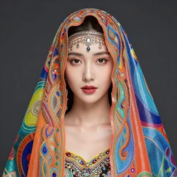 portrait pretty woman, colorful plastic veil, verny ornated, intrincate latex