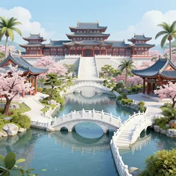 ancient utopian chinese palace in paradise, canals, white marble bridges, buildings, tropical, sakura trees, blooms, by leon tukker, zaha hadid, photography, cinematic lighting, octane render, artstation