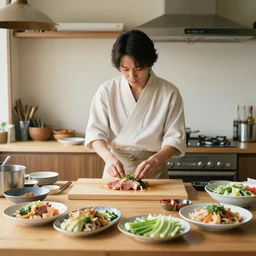 wide shot photoshoot of tao okamoto preparing a meal, 8 k, photorealistic