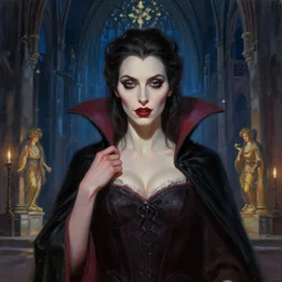 a portrait digital painting of mary elizabeth winstead as a vampire in a gothic cathedral at night. painted by artgerm and alphonse mucha and ross tran.