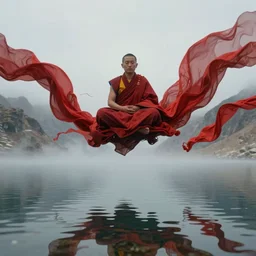 tibetan monk in lotus position flying over himalaya mountains lake in weightlessness in liquid traditional red cloth. a lot of flying red fabric around, reflections in lake water, foggy and gloomy, highly detailed, abstract surrealism science fiction paint by salvador dali, jeremy geddes
